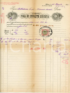 1925 MILANO - Ditta Figli di Ippolito SIGURTÀ via Torino 66 - Ferramenta Fattura commerciale d'epoca, manoscritta, su carta intestata.CONDIZIONI: P (piegature d'epoca, ingiallimento lungo la linea di piegatura, piccoli strappi al lato inferiore)PAGINE: 1    originale e autentica 1