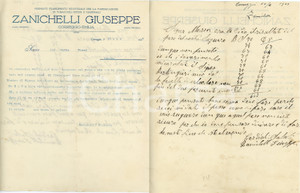 1929 CORREGGIO Giuseppe ZANICHELLI Fabbricazione turaccioli Lettera commerciale Lettera commerciale d'epoca, su carta intestata, dattiloscritta al recto e manoscritta al verso, illustrata.CONDIZIONI: FAIR (piegature d'epoca)PAGINE: 1    originale e autentica 1