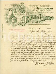 1916 ASTI - Pietro PAROLA - Fabbrica di turaccioli fatti a coltello *Lettera Lettera commerciale d'epoca, manoscritta, su carta intestata illustrata.Asti - via Pelletta n. 1CONDIZIONI: F (piegature d'epoca)PAGINE: 1    originale e autentica 1