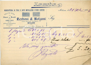 1896 MILANO - ZERBONI & BOLZANI - Manifattura di tele e reti metalliche Memorandum d'epoca, manoscritto, su carta intestata .Milano - via Ponte Vetero, 17CONDIZIONI: F (piegature d'epoca, macchie d'umidit&agrave; al lato destro)PAGINE: 1    originale e autentica 1
