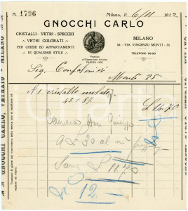 1912 MILANO Vetraio Carlo GNOCCHI Vetri colorati per chiese - Fattura Fattura commerciale d'epoca,  manoscritta, su carta intestata, illustrata.CONDIZIONI: FAIR (piegature d'epoca)PAGINE: 1    originale e autentica 1