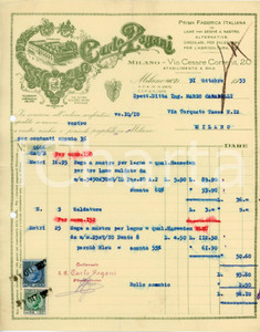 1933 MILANO Fabbrica Carlo PAGANI Seghe a nastro per falegnami - Fattura Fattura commerciale d'epoca,  dattiloscritta, su carta intestata, illustrata.CONDIZIONI: POOR (piegature d'epoca, fori da classificatore al margine sinistro)PAGINE: 1    originale e autentica 1