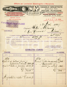 1920 MILANO Officine per Lavorazioni Metallurgiche e Meccaniche *Estratto conto Estratto conto d'epoca, a stampa con inserti manoscritti, su carta intestata illustrata.Milano - via Pestalozzi 4Presenti marche da bollo. CONDIZIONI: F (piegature d'epoca, piccolo strappo al lato destro e all'angolo inferiore destro)PAGINE: 1  originale e autentica 1