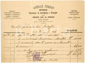 1886 MILANO Achille PEREGO vetraio - negoziante cristalleria *Fattura Fattura commerciale d'epoca, manoscritta, su carta intestata.Marca da bollo.Milano - via Spiga 8CONDIZIONI: F (lievi increspature al lato sinistro con minimo strappo).PAGINE: 1    originale e autentica 1