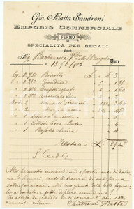 1903 FERMO Gio. Batta SANDRONI Emporio Commerciale - Regali - Fattura Fattura commerciale d'epoca, manoscritta, su carta intestata.CONDIZIONI: F (piegature d'epoca).PAGINE: 1    originale e autentica 1