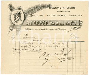 1890 ca TORINO - C. GROSSO Macchine a cucire - Fattura carta intestata Fattura commerciale d'epoca, manoscritta, su carta intestata.CONDIZIONI: F (piegature d'epoca).PAGINE: 1    originale e autentica 1