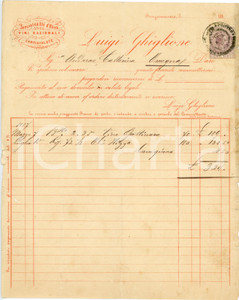 1889 BORGOMANERO Luigi GHIGLIONE Vini nazionali - Fattura intestata Fattura commerciale d'epoca, manoscritta, su carta intestata.Marca da bollo.CONDIZIONI: P (piegature d'epoca, piccoli strappi marginali e bruniture).PAGINE: 1    originale e autentica 1