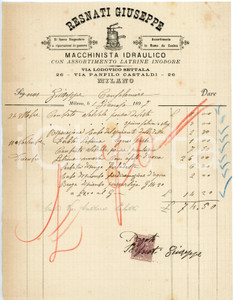 1897 MILANO - Giuseppe RESNATI via P. Castaldi - Macchinista idraulico *Fattura Fattura commerciale d'epoca, manoscritta, su carta intestata illustrata.Milano - via Panfilo Castaldi, 26CONDIZIONI: P (piegature d'epoca, piccoli strappi al lato sinistro e destro e lievi fioriture)PAGINE: 1    originale e autentica 1