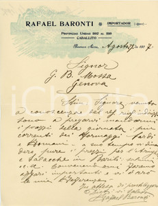1907 CABALLITO / BUENOS AIRES Rafael BARONTI Importador - Letterhead Lettera commerciale d'epoca, manoscritta, su carta intestata.In lingua italiana.CONDIZIONI: F (piegature d'epoca).PAGINE: 1    originale e autentica 1