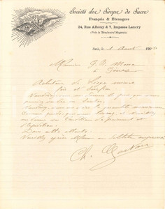 1901 PARIS Société des Sirops de Sucre - Lettre entête Lettera commerciale d'epoca, manoscritta, su carta intestata. Paris - 24, rue AlbouyCONDIZIONI: F (piegature d'epoca)PAGINE: 1    originale e autentica 1