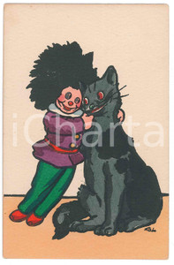 1920 ca Artist M. MUNK - Cat and clown (1) Postcard M. M. VIENNE 665 WATERCOLOUR  Cartolina postale d'epoca, acquerellata, non viaggiata.CONDIZIONI: GFORMATO: FP    originale e autentica 1