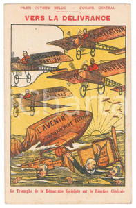 1910 ca BELGIQUE - Parti Ouvrier Belge - Vers la délivrance *Carte postale Cartolina postale d'epoca, di propaganda, non viaggiata.Didascalia "Le triomphe de la d&eacute;mocratie socialiste sur la r&eacute;action cl&eacute;ricale".CONDIZIONI: GFORMATO: 9x14 cm    originale e autentica 1