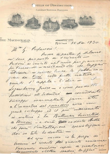 1930 EDMONTON Hotels of Distinction - Canadian National Railways *Lettera Lettera manoscritta, in lingua italina, di contenuto commerciale, su carta intestata.CONDIZIONI: FAIR (piegature d'epoca; fori da classificatore al lato superiore)PAGINE: 1 (2 facciate)    originale e autentica 1