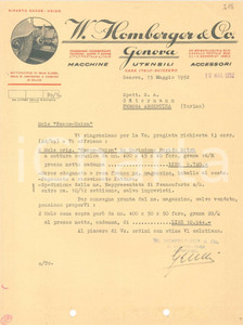 1952 GENOVA Via Brigata Liguria, 63 - W. HOMBERGER Preventivo mola NAXOS - UNION Preventivo su carta intestata.CONDIZIONI: FAIR (piegature d'epoca, fori da classificatore al margine inferiore)FORMATO: 21x28 cm    originale e autentica 1