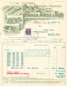 1932 MILANO Aless. PANZA & Figli - Via Pietrasanta 12 - Viticoltori - Fattura 14 Fattura commerciale d'epoca, dattiloscritta, su carta intestata illustrata.Presente marca da bollo. CONDIZIONI: FAIR (piegature d'epoca, fori da classificatore al margine superiore e sinistro)PAGINE: 1    originale e autentica 1