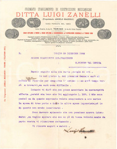 1902 TORINO Ditta Luigi ZANELLI Costruzioni meccaniche - Lettera commerciale 1 Lettera commerciale d'epoca, dattiloscritta, su carta intestata illustrata.CONDIZIONI: FAIR (piegature d'epoca)    originale e autentica 1
