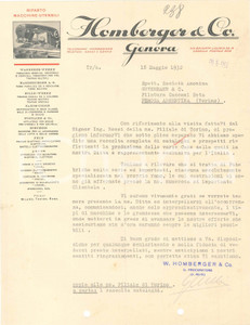 1932 GENOVA Via Brigata Liguria, 63 - Ditta W. HOMBERGER Lettera commerciale (1) Lettera commerciale su carta intestata, illustrata.CONDIZIONI: FAIR (piegature d'epoca, fori da classificatore al margine inferiore)FORMATO: 21x28 cm    originale e autentica 1
