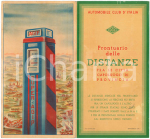 1950 ca ACI - Prontuario distanze fra le città capoluogo - ill. MANCIOLI - AGIP Pieghevole ACI su tre facciate, pubblicitario.  FAIR/discreto lievi macchie alla prima facciata Formato: 13x24 cm originale e autentica 1