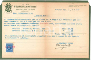 1937 RIVAROLO CANAVESE (TO) -  Fratelli FAVERO - Ferramenta *Lettera Lettera commerciale d'epoca, dattiloscritta, su carta intestata. PAGINE: 1 POOR/danneggiato Piegature d'epoca e mancanze agli angoli superiori  originale e autentica 1