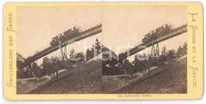1880 ca SUISSE ET SAVOIE - Die Schnurtobel Brücke - ANIMATED Stereoview Fotografia stereoscopica d'epoca, su cartoncino rigido.  GOOD/buono  Formato: 18x9 cm originale e autentica 1