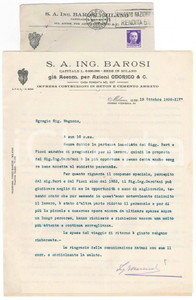 1936 MILANO Corso Venezia 61 - S.A. Ing. BAROSI - Lettera per collaboratori  Lettera dattiloscritta, su carta intestata, cui &egrave; unita la bozza della lettera cui si risponde.Busta viaggiata.PAGINE: 1 + 3 FAIR/discreto piegature d'epoca  originale e autentica 1