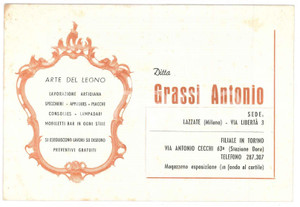 1950 ca LAZZATE Ditta Antonio GRASSI Arte del legno - Biglietto 13x9 cm Biglietto d'epoca POOR/danneggiato Bruniture diffuse, piegatura centrale Formato: 13 x 9 cm originale e autentica 1