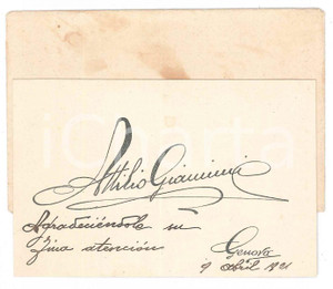 1921 GENOVA Attilio GIANNINI - Biglietto da visita Biglietto da visita con messaggio autografo.Busta non viaggiata.  GOOD/buono  Formato: 9x6 cm originale e autentica 1