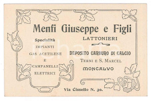 1910 ca MONCALVO (AT) MENFI Giuseppe e Figli - Lattonieri - Biglietto Biglietto pubblicitario d'epoca. GOOD/buono  Formato: 11x7 cm originale e autentica 1