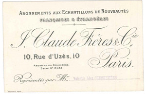 Oggetto da collezione cartaceo 1910 ca PARIS 10 Rue d UzÃ¨s  J. Claude FrÃ¨res & Cie  Enchantillons nouveautÃ©s 1