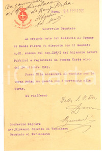 1921 ROMA Lettera Paolo BERNARDI Presidente della Corte dei Conti - AUTOGRAFO Lettera dattiloscritta, con firma autografa, su carta intestata.PAGINE: 4 (1 scritta)   GOOD/buono piegatura centrale d'epoca  originale e autentica 1