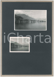 1934 LAGO D'ISEO - CASTRO - Veduta panoramica *2 fotografie  Coppia di fotografie d'epoca, uguali ma stampate in due formati diversi e montate su cartoncino morbido rivestito.Didascalia dattiloscritta ed etichetta adesiva al verso. GOOD/buono  Formato: 9x6 cm e 14x9 cm (foto); 23x32 cm (cartoncino) originale e autentica 1