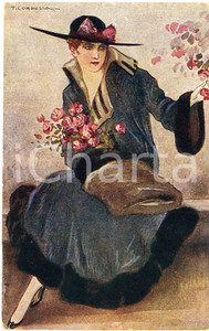 1918 ART DECO Tito CORBELLA - Donna con fiori rosa - Cartolina FP VG  Cartolina postale d'epoca, viaggiata. GOOD/buono  Formato: 9x14 cm originale e autentica 1