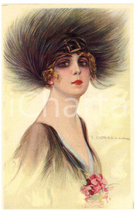 1918 ART DECO Tito CORBELLA Donna con cappellino di piume (3) Cartolina GLAMOUR  Cartolina postale d'epoca, non viaggiata. GOOD/buono  Formato: 9x14 cm originale e autentica 1