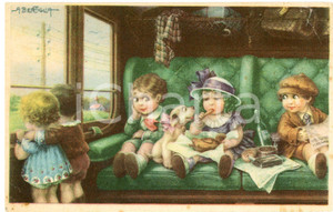 1930 ca Artista Aurelio BERTIGLIA - Bambini - Picnic in treno  - Cartolina  Cartolina postale d'epoca, non viaggiata. FAIR/discreto piegatura angolare Formato: 14x9 cm originale e autentica 1