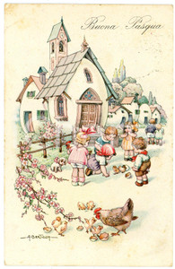 1935 ca Artista Aurelio BERTIGLIA - Buona Pasqua - Bambini - Cartolina (1)  Cartolina postale d'epoca, viaggiata. FAIR/discreto lievi ingiallimenti e piegatura angolare Formato: 9x14 cm originale e autentica 1