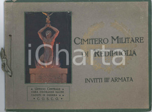 1920 C.O.S.C.G. Cimitero Militare di REDIPUGLIA - Invitti III Armata - Album Album originale d'epoca con cordicella,  in brossura editoriale, con 36 tavole fotografiche . Placchetta applicata alla copertina anteriore.A cura dell'Ufficio Centrale Cura Onoranze Salme Caduti in Guerra.Edizione "Ricordo" del Sacrario Militare di Redipuglia . CONDIZIONI: G (buone condizioni interne, ma tracce d'uso in copertina, con minime sbrecciature e piegatura alla placchetta)EDITORE: Stabilimento Civicchioni, ChiavariFORMATO: 28x22 cmFORMATO: 20x26 cm    originale e autentica 1