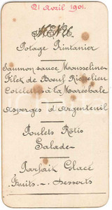 1901 FRANCE Menu pour Maurice BOURGUIN - Manuscrit 5x11 cm  Menu originale d'epoca, scritto a mano, su cartoncino. POOR/danneggiato macchie Formato: 5x11 cm originale e autentica 1