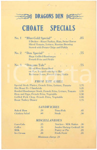 Oggetto da collezione cartaceo 1970 ca Restaurant DRAGONS DEN  Choate Specials  Menu 14x22 cm 1