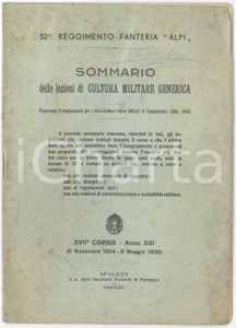 1934 52Â° Reggimento Fanteria ALPI - Sommario lezioni cultura militare generica Pubblicazione d'epoca.PAGINE: 25  POOR/danneggiato buone condizioni interne, ma piegature e fioriture in copertina; tracce a pastello; sporadiche sottolineature interne FORMATO: 17x24 cm originale e autentica 1