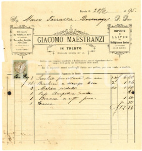Documento originale, autentico 1895 TRENTO Contrada Oriuola  Giacomo MAESTRANZI  Cristalli fini Fattura 1