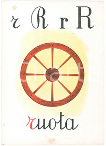 1955 ca ABBECEDARIO Alfabeto murale illustrato - R di Ruota - 24x34 cm  Alfabeto murale illustrato, su cartoncino.Editrice La Scuola - Brescia POOR/danneggiato Lievi smussature agli angoli, macchie diffuse Formato: 24x34 originale e autentica 1