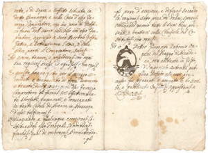 1805 BOCENAGO (TN) Marco FERRAZZA compra camera murata da Pier Antonio FRANZELLI Atto manoscritto, rogato dal notaio Giuseppe Antonio Ongari di Rendena, con bel tabellionato.PAGINE: 4 (1 bianca) FAIR/discreto piegature d'epoca e fioriture Formato: 15x22 cm originale e autentica 1