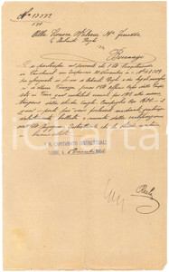 1902 TIONE DI TRENTO Contributo manutenzione strada CINGLO - CAMPIGLIO Lettera manoscritta, relativa all'erogazione di un contributo per la manutenzione di una strada.PAGINE: 1 FAIR/discreto piegature d'epoca e piccoli strappi marginali Formato: 21x34 cm originale e autentica 1