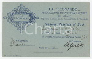 1920 MILANO - LA LEONARDO Associazione di cultura e d'arte - Tessera dei soci Tessera d'epoca.  FAIR/discreto Lievi smussature agli angoli Formato: 11x7  cm originale e autentica 1