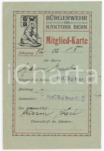 1915 SWITZERLAND Burgerwehr des Kantons Bern - Mitglied-karte 8x12 cm Tessera d'epoca.  FAIR/discreto Lievi piegature agli angoli Formato: 8x12 cm originale e autentica 1