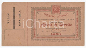 1908 LISBON Theatro Avenida - Recita do actor Alfredo DE CARVALHO Biglietto 15x8 Tessera d'epoca.  POOR/danneggiato Smussature agli angoli, mancanza all'angolo superiore sinistro Formato: 15x8  cm originale e autentica 1