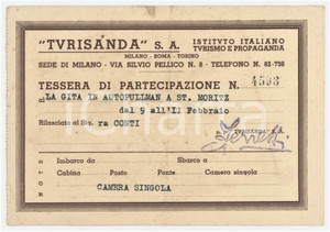 1930 ca MILANO - TURISANDA Tessera per gita a ST. MORITZ - 15x10 cm Tessera d'epoca.  VERY POOR/gravemente danneggiato Piegature verticali al centro, bruniture diffuse, macchie Formato: 15x10  cm originale e autentica 1