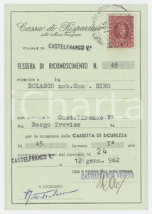 1962 CASTELFRANCO VENETO Cassa di risparmio della MARCA TRIVIGIANA Tessera 7x10 Tessera d'epoca.  GOOD/buono  Formato: 7x10 cm originale e autentica 1