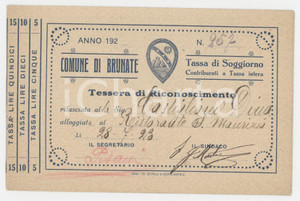 1923 BRUNATE (CO) Tessera di riconoscimento per tassa di soggiorno 13x8 cm Tessera d'epoca.  GOOD/buono Piegatura all'angolo inferiore destro Formato: 13x8 cm originale e autentica 1
