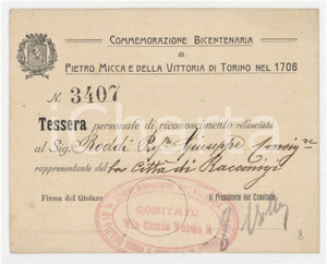 1906 TORINO Bicentenario Pietro Micca - Tessera rappresentante di RACCONIGI Tessera d'epoca. FAIR/discreto Lievi smussatura agli angoli Formato: 11x9 cm originale e autentica 1